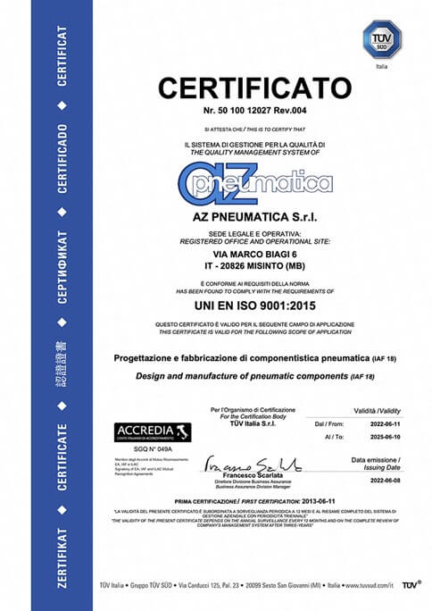 Certyfikat UNI EN ISO 9001:2015 - AZ Pneumatic