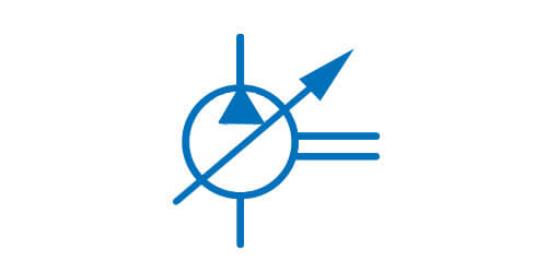 Symbol przetwarzający energię - pompa o zmiennej wydajności o jednym kierunku tłoczenia