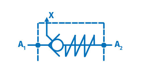Symbol elementu sterującego kierunkiem przepływu - zaworu zwrotnego sterowanego z dopuszczalnymi kierunkami przepływu A1 - A2 i A2 - A1