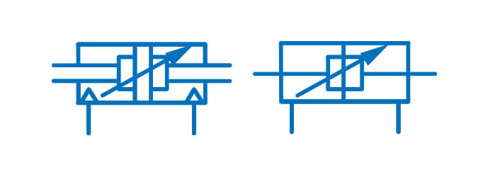 Symbol graficzny siłownika pneumatycznego dwustronnego działania z dwustronnym tłoczyskiem, z hamowaniem dwustronnym nastawialnym