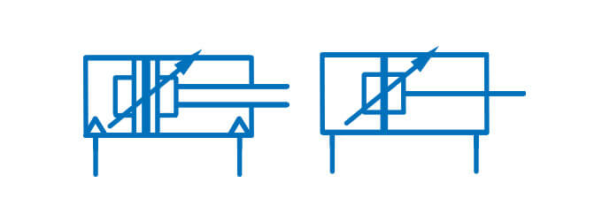 Symbol graficzny siłownika pneumatycznego dwustronnego działania, z hamowaniem dwustronnym nastawialnym, z bestykową sygnalizacją położenia tłoka