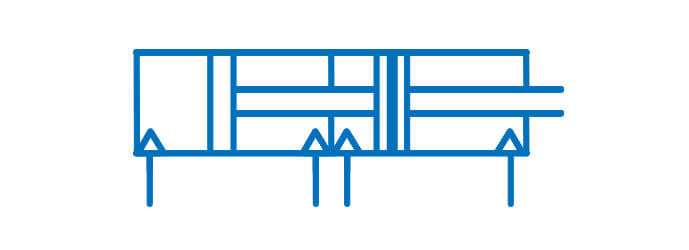 Symbol graficzny siłownika pneumatycznego tandem dwustronnego działania z jednostronnym tłoczyskiem i bezstykową sygnalizacją położenia tłoka