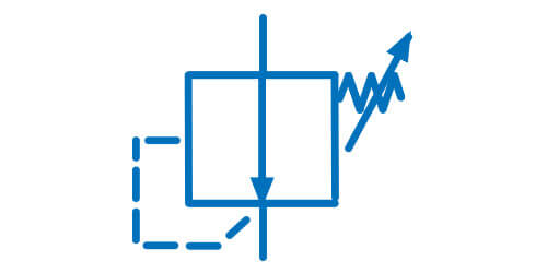 Symbol graficzny regulatora ciśnienia (zaworu redukcyjnego), dwudrogowy jednostopniowy, nastawiany sprężyną