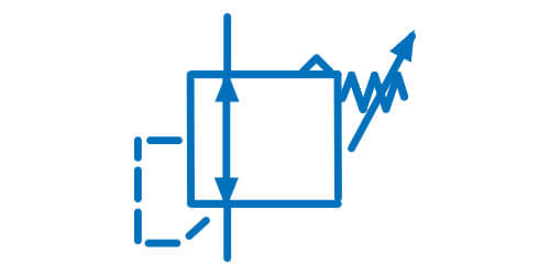 Symbol graficzny zaworu redukcyjnego z upustem, gdy ciśnienie wyjściowe przewyższy ciśnienie nastawiane, to nastąpi swobodny wylot powietrza