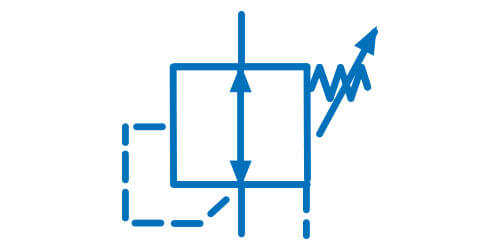 Symbol graficzny regulatora ciśnienia (zaworu redukcyjnego), trójdrogowy jednostopniowy, nastawiany sprężyną