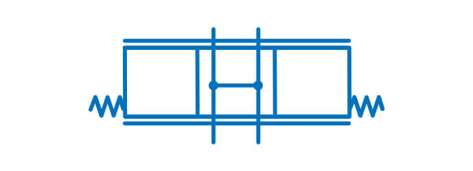 Symbol graficzny zaworu sterującego kierunkiem przepływu 4/3 zamknięty w płożeniu środkowym, z przekryciem ujemnym, z nieskończoną liczbą położeń pośrednich