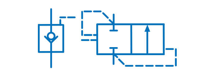 Symbol graficzny zaworu zwrotnego - sterowany zamykany ciśnieniem, otwiera się, gdy ciśnienie wejściowe jest wyższe niż ciśnienie wyjściowe