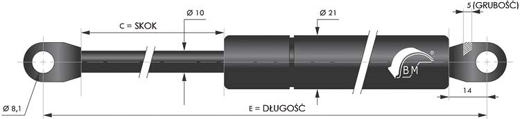 Sprężyna gazowa o średnicy Ø 10/21 z przyspawanymi uszami stalowymi